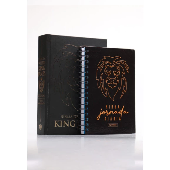 Kit Bíblia de Estudo KJA | Leão Ilustrado + Planner Masculino Leão Ilustrado Marrom | Graça Eficaz 