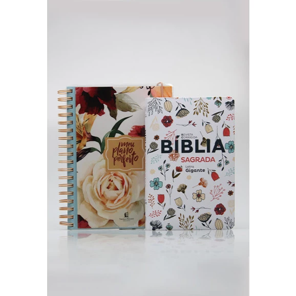 Kit Planeje Sua Vida | Meu Plano Perfeito Rosas + Bíblia Sagrada | RC | Flowers Branca