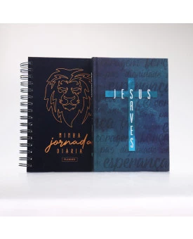 Kit Bíblia ACF Jesus Saves + Planner Masculino Leão Ilustrado Azul | Gratos Pela Fé 