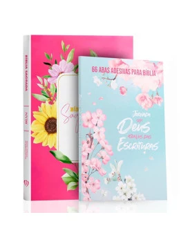 Kit Bíblia | NVI | Slim | Pink + Abas Adesivas para Bíblia | Círculo Floral | Aos Cuidados do Pai 