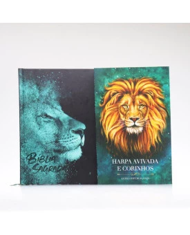 Kit Bíblia ACF Capa Dura Leão Azul + Harpa Avivada e Corinhos Leão Aslam | Louvando ao Senhor 