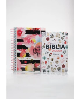 Kit Planeje Sua Vida | Meu Plano Perfeito Flores Com Listras + Bíblia Sagrada | RC | Flowers Branca
