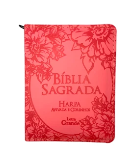 Bíblia Sagrada | ARC | Letra Grande | Capa PU | Zíper | Flores Rosa