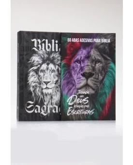 Kit Bíblia ACF Gigante Leão Preto e Branco + Abas Adesivas Leão de Judá | Poder Divino 